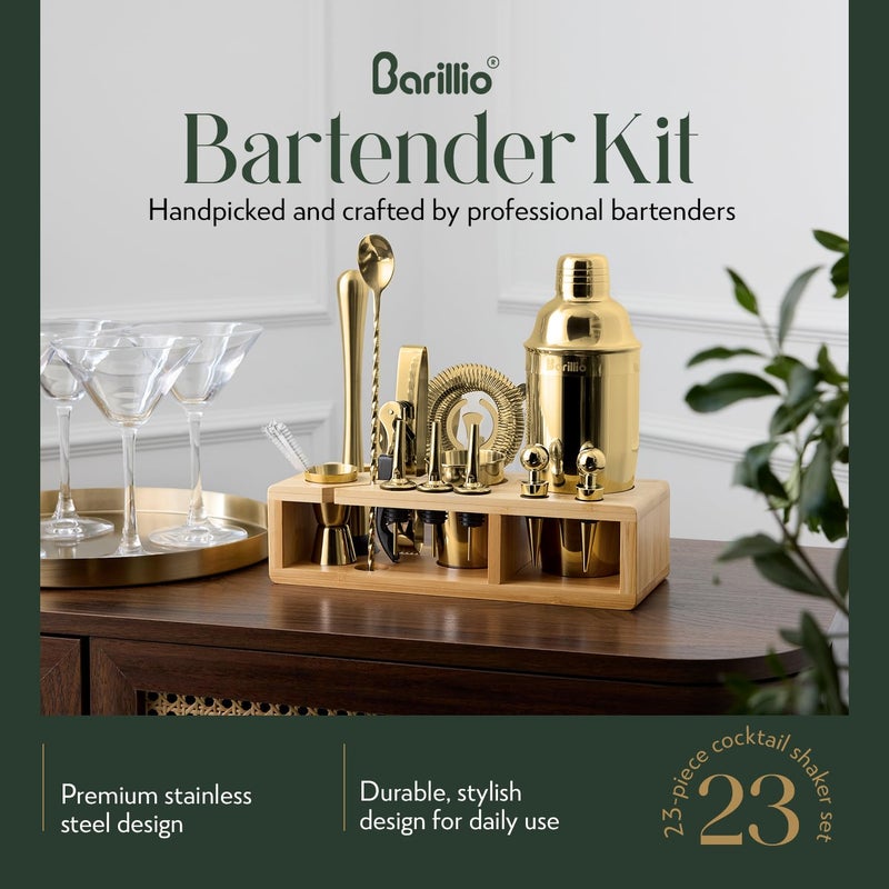 Barillio Gold Bartender Kit - Stainless-Steel Cocktail Shaker Set w/Bamboo Stand - Mixology Bar Tools w/Drink Shaker, Mixer Spoon and Muddler for Cocktails - Home Bar Accessories - 23-Pc Bar Set - Image 2